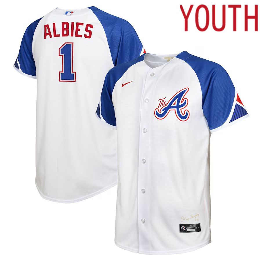 Youth Atlanta Braves #1 Ozzie Albies Nike White 2023 City Connect Replica Player MLB Jersey